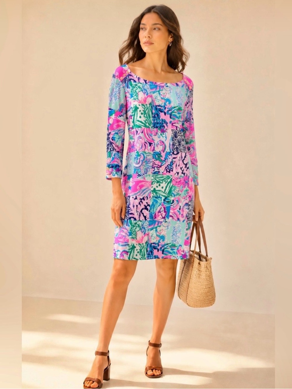 Lilly Pulitzer Coastal Patchwork Stretch Mini Dress Gold Buttons Sz XXL